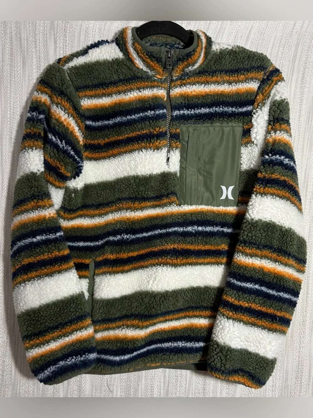 Hurley Olive, White, Navy & Orange Striped Sherpa Half-Zip Pullover